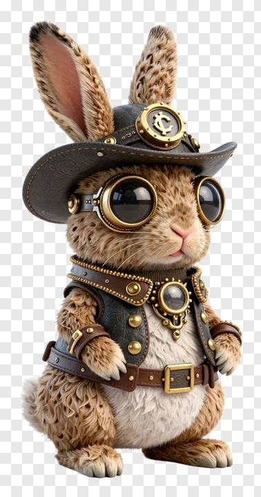 Rabbit in steampunk outfit with goggles and hat.