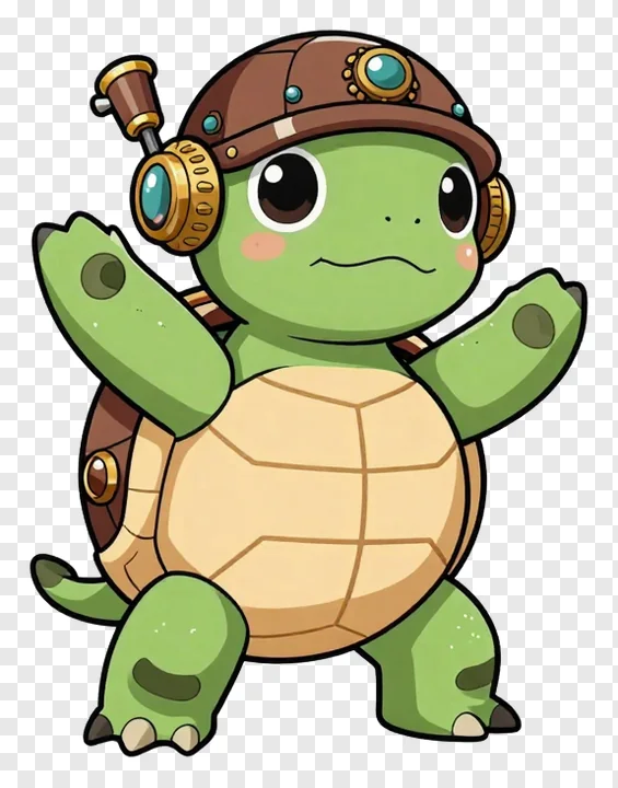 A cartoon turtle wearing steampunk gear dancing.