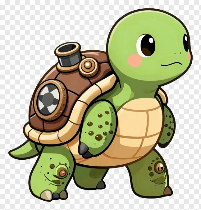 A cartoon turtle with a steampunk mechanical shell walking.