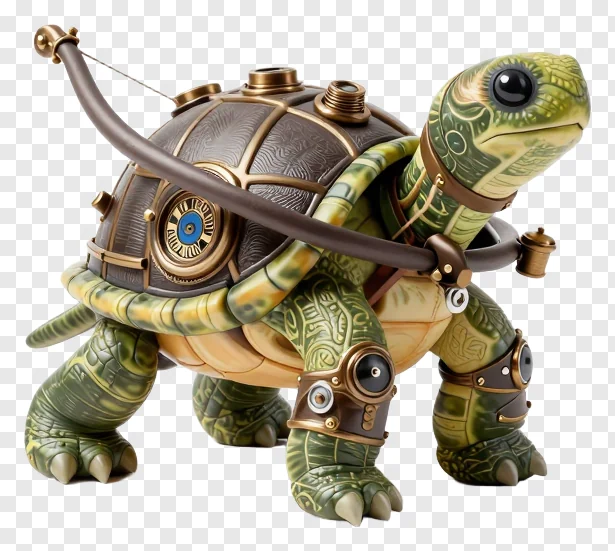 Steampunk turtle holding a bow and arrow.