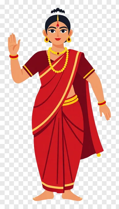 Woman performing as a temple dancer in a vibrant red sari.