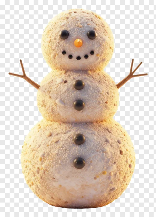 A textured snowman with a glowing orange nose and twig arms.
