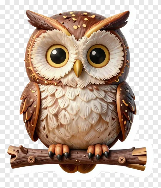 A vintage-style 3D owl perched on a branch.