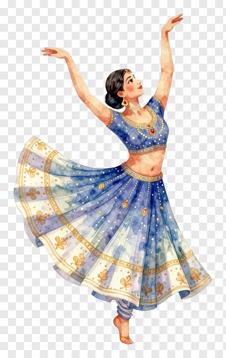 A watercolor illustration of a garba dancer in a blue lehenga.