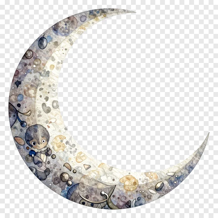 Crescent moon with a child sitting on it, rendered in soft watercolor textures.