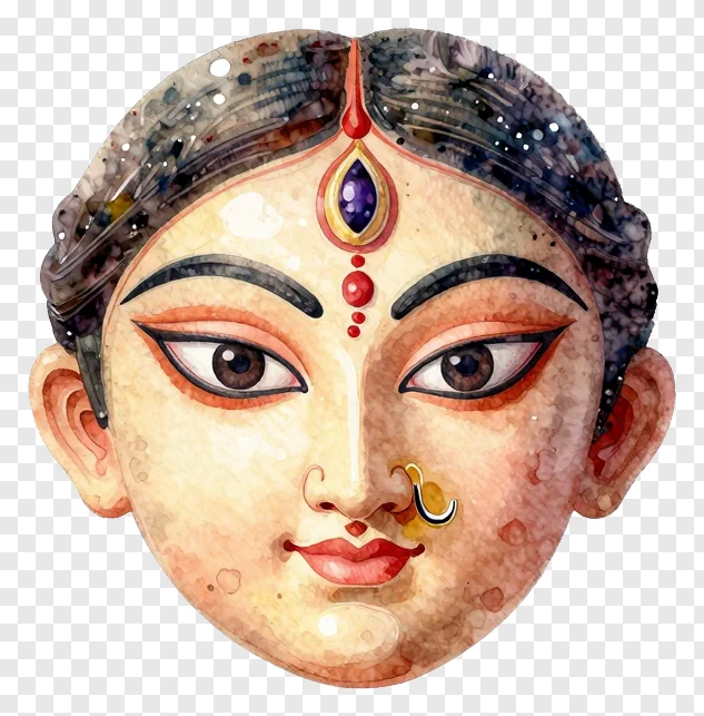 Watercolor portrait of Durga Maa with red bindi and gold nose ring.