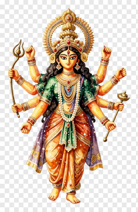Goddess Durga in watercolor style holding a trishul.