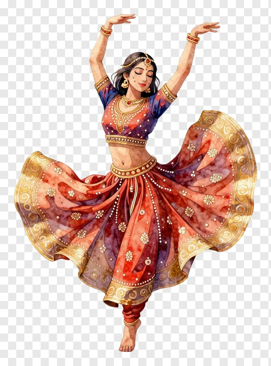 A watercolor illustration of a Garba dancer in a red outfit.