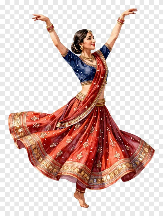 A watercolor-style garba dancer in a red and blue outfit with arms raised.