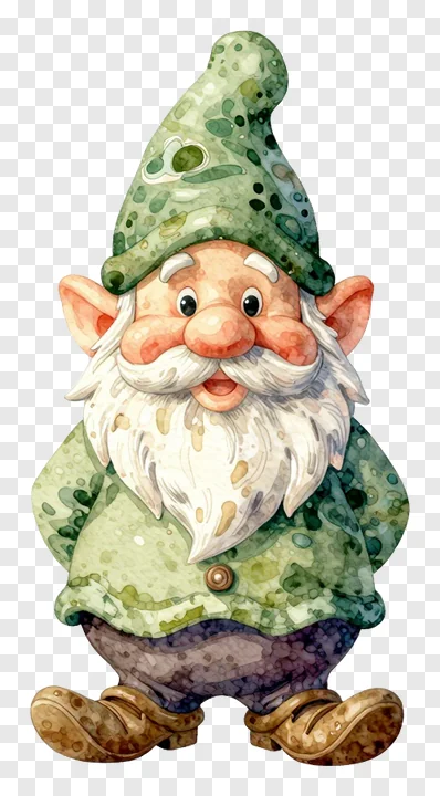 A watercolor-style garden gnome with a green hat and white beard.