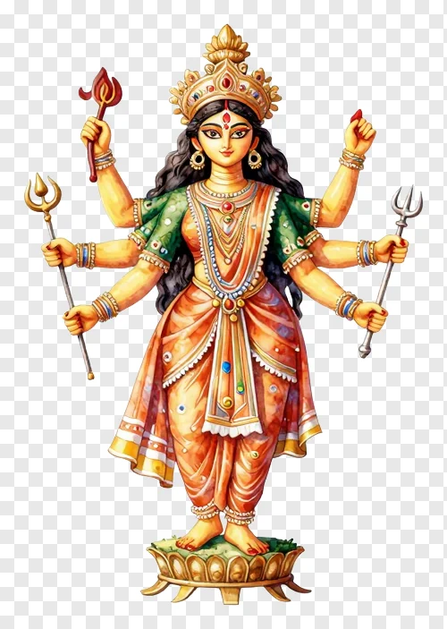Goddess Durga with eight arms holding a trishul.