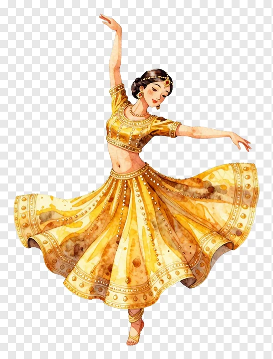 A watercolor illustration of a golden garba dancer in motion.