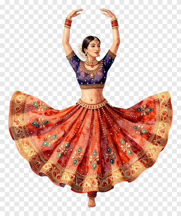 A woman in a red lehenga dancing Garba with arms raised.