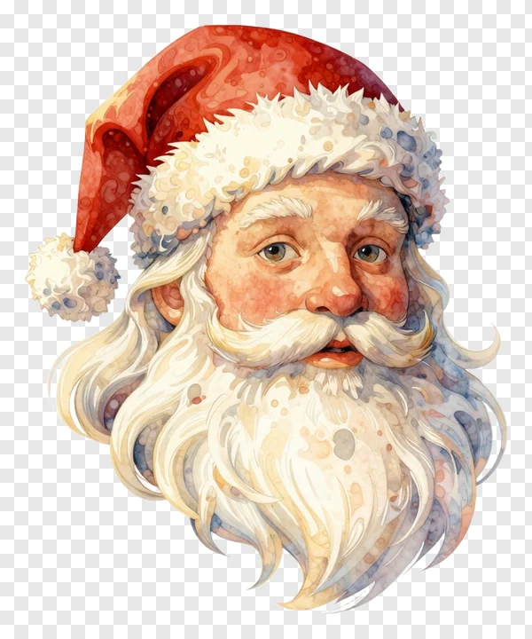 Watercolor painting of Santa Claus face with red hat.