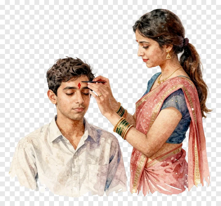 A sister in a sari applies a red tilak to her brother's forehead using a brush.