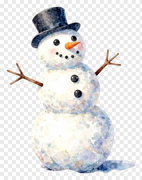 A watercolor snowman wearing a blue top hat.