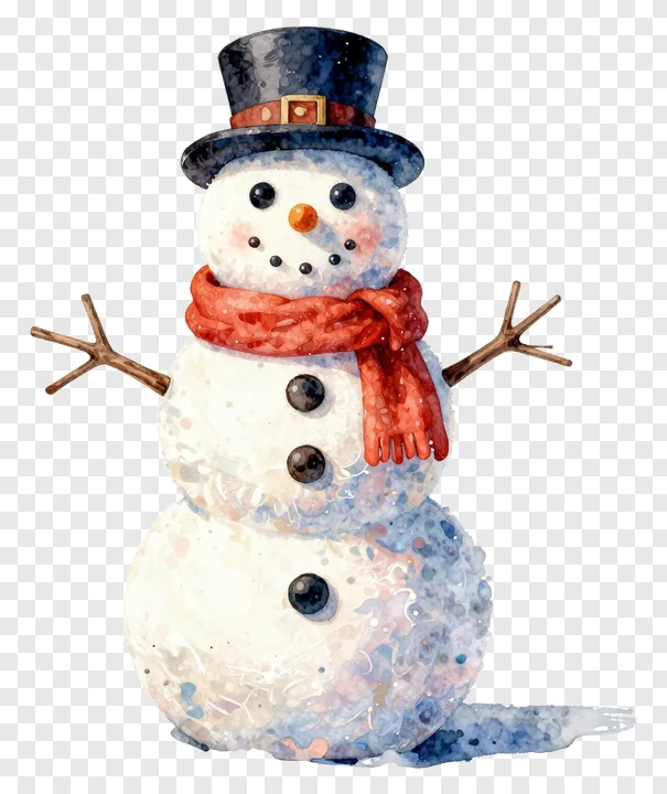 A watercolor snowman wearing a blue hat and red scarf.