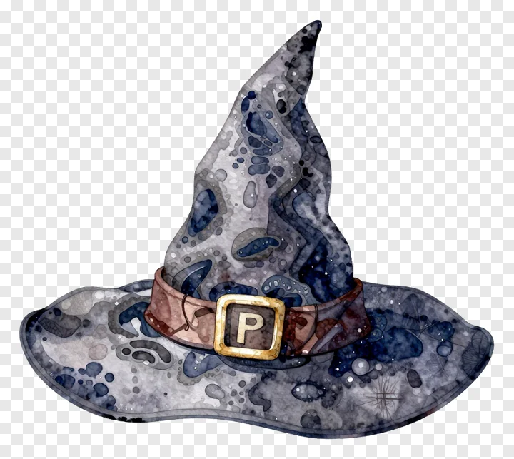 A watercolor-style witch hat with a belt and letter P buckle.