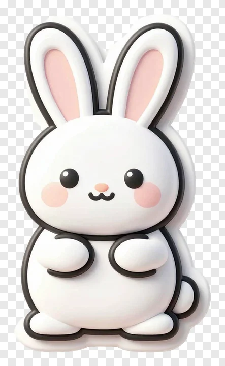 A white bunny with black outlined ears and pink cheeks.