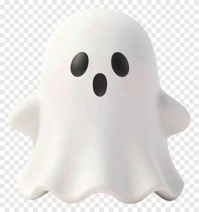 A white ceramic ghost with black eyes and mouth.