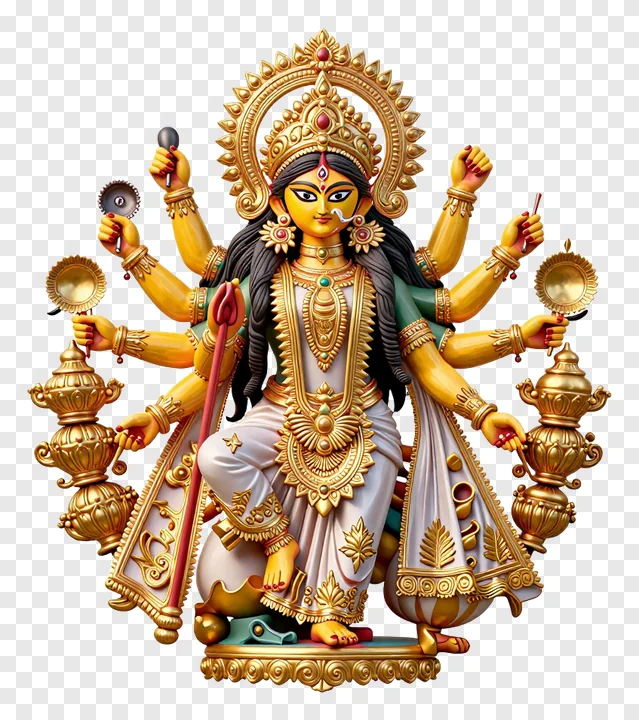 Golden eight-armed Durga goddess statue with lotus base.