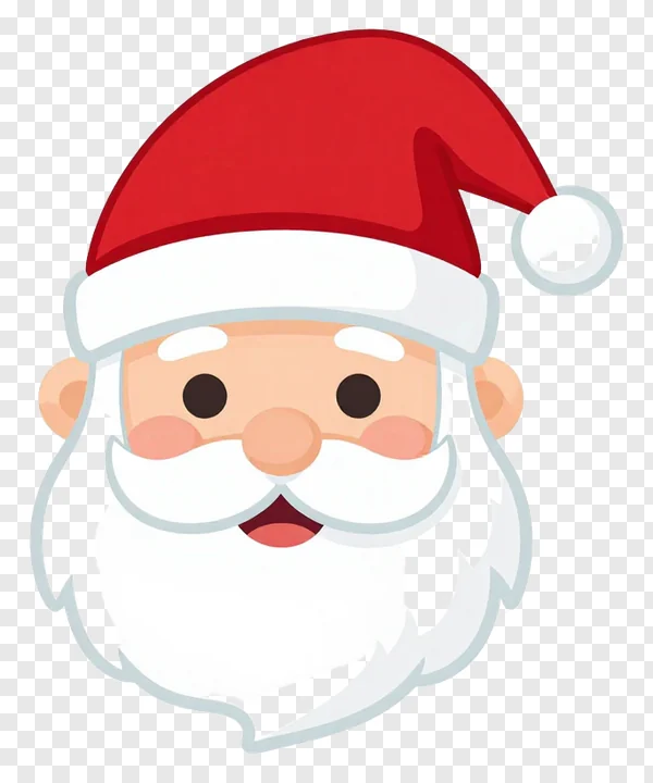 A cartoon Santa Claus face with a red hat and white beard.