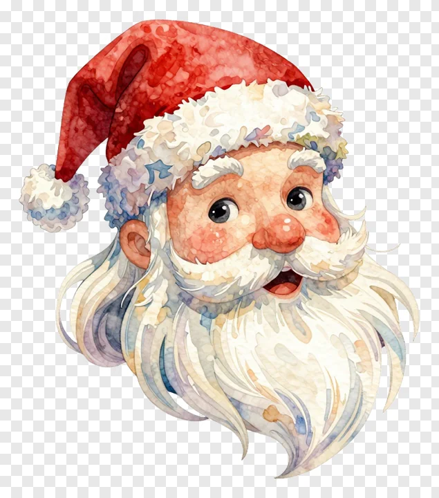 Watercolor illustration of Santa Claus face with red hat.