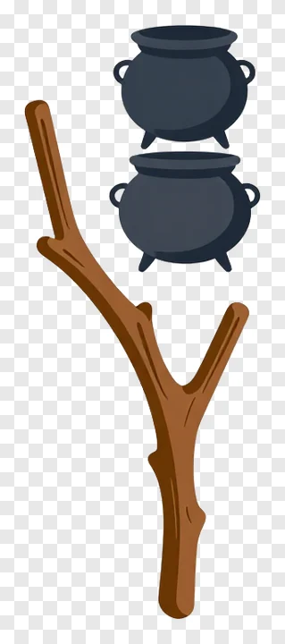 Broomstick topped with a hovering cauldron.