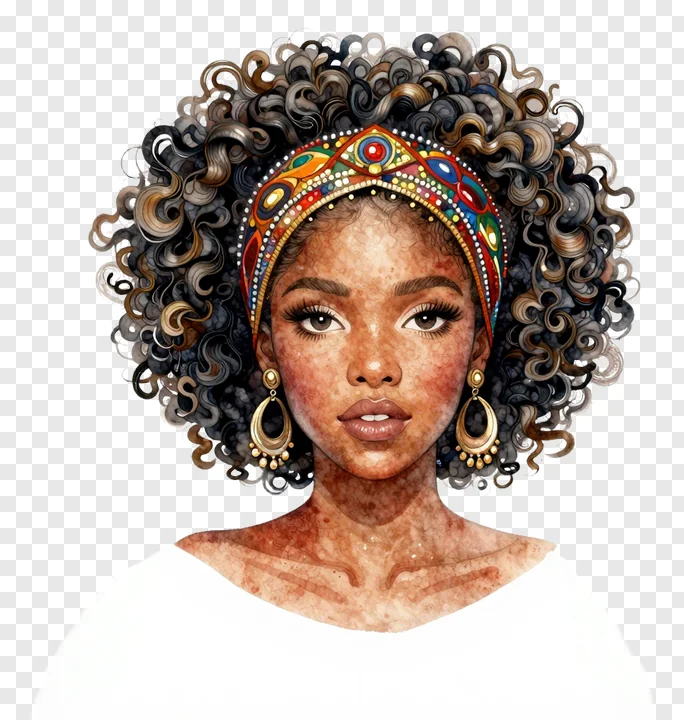 Portrait of a woman with curly hair and a patterned headwrap.
