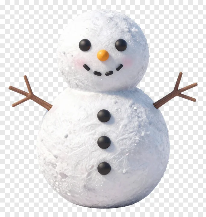 A snowman with textured snow and wooden branch arms.