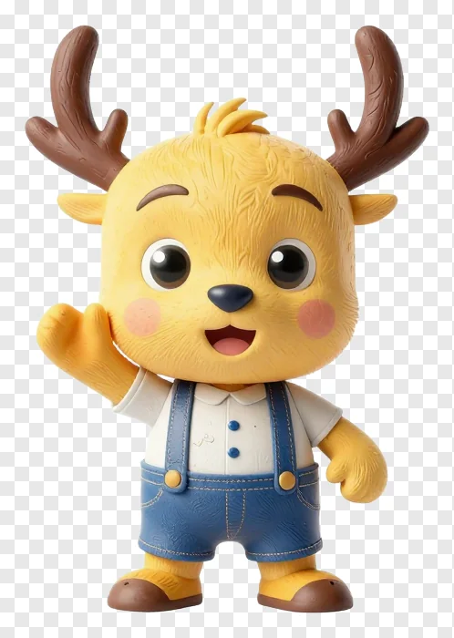 A yellow deer character in blue overalls waving.