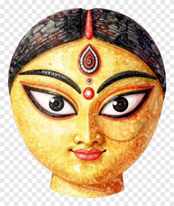 A stylized golden Durga face with mosaic hair and red bindi.