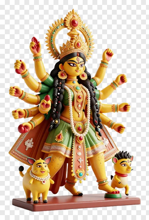 Statue of Goddess Durga with two playful puppies beside her.