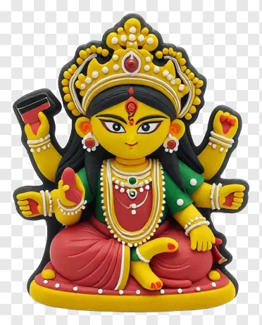 A colorful statue of the goddess Durga with yellow skin and red sash.