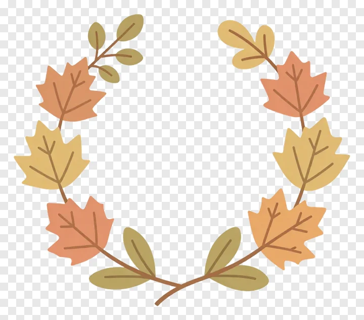 An asymmetrical wreath of autumn leaves in shades of orange, brown, and gold.