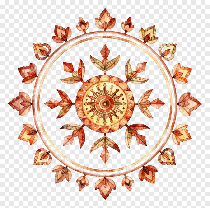 Symmetrical mandala with autumn leaf motifs.
