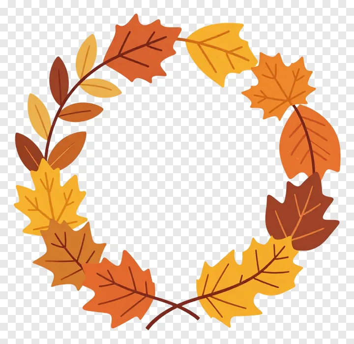 Circular wreath of autumn leaves in orange and brown.