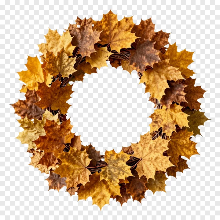 Circular wreath of autumn maple leaves in golden and brown hues.