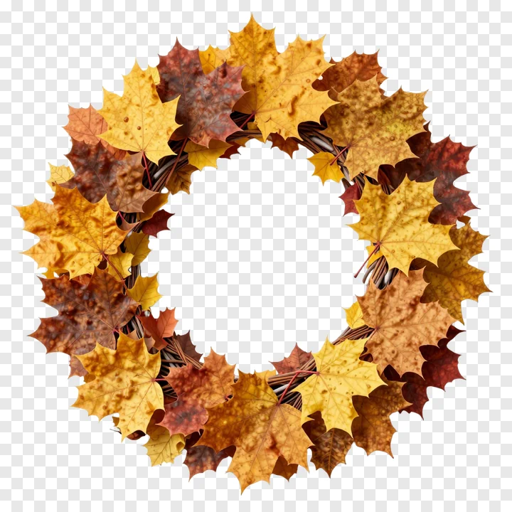 Circular wreath of autumn maple leaves.