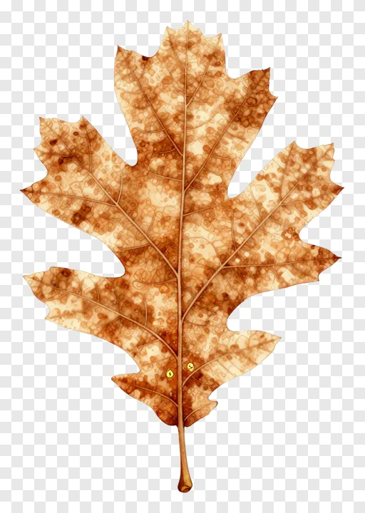 A dried oak leaf with visible veins and autumn colors.