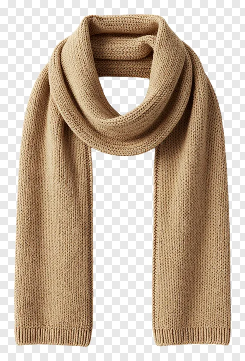 A beige knitted scarf draped in a loop.