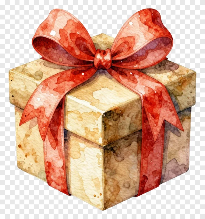 A watercolor-style gift box with a red bow.