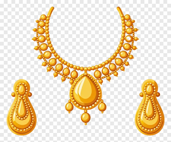 A gold necklace and earrings set with teardrop pendant design.