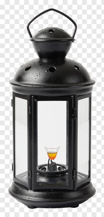 Black metal lantern with an hourglass candle inside.