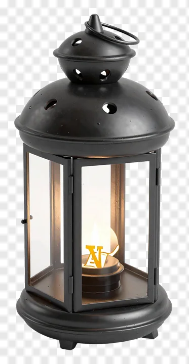 Black metal lantern with a lit candle inside.