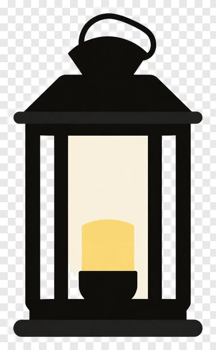 Black lantern with a yellow light inside.