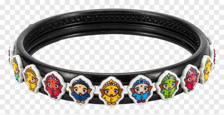 Black bangle with colorful cartoon character charms.