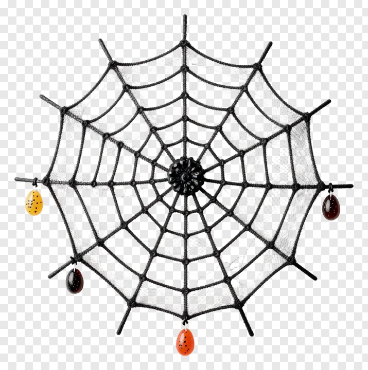 A black spiderweb with dangling polka-dot candy.