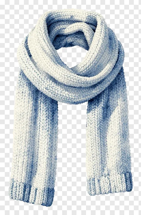 A blue and white knitted winter scarf.