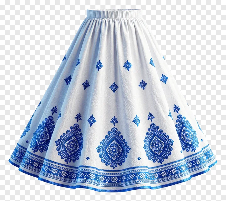 A white skirt with blue phulkari embroidery patterns.